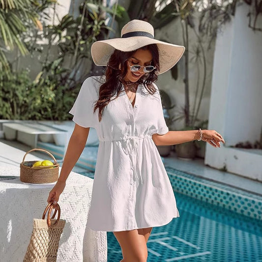 V-neck Solid-color Lace-up Dress