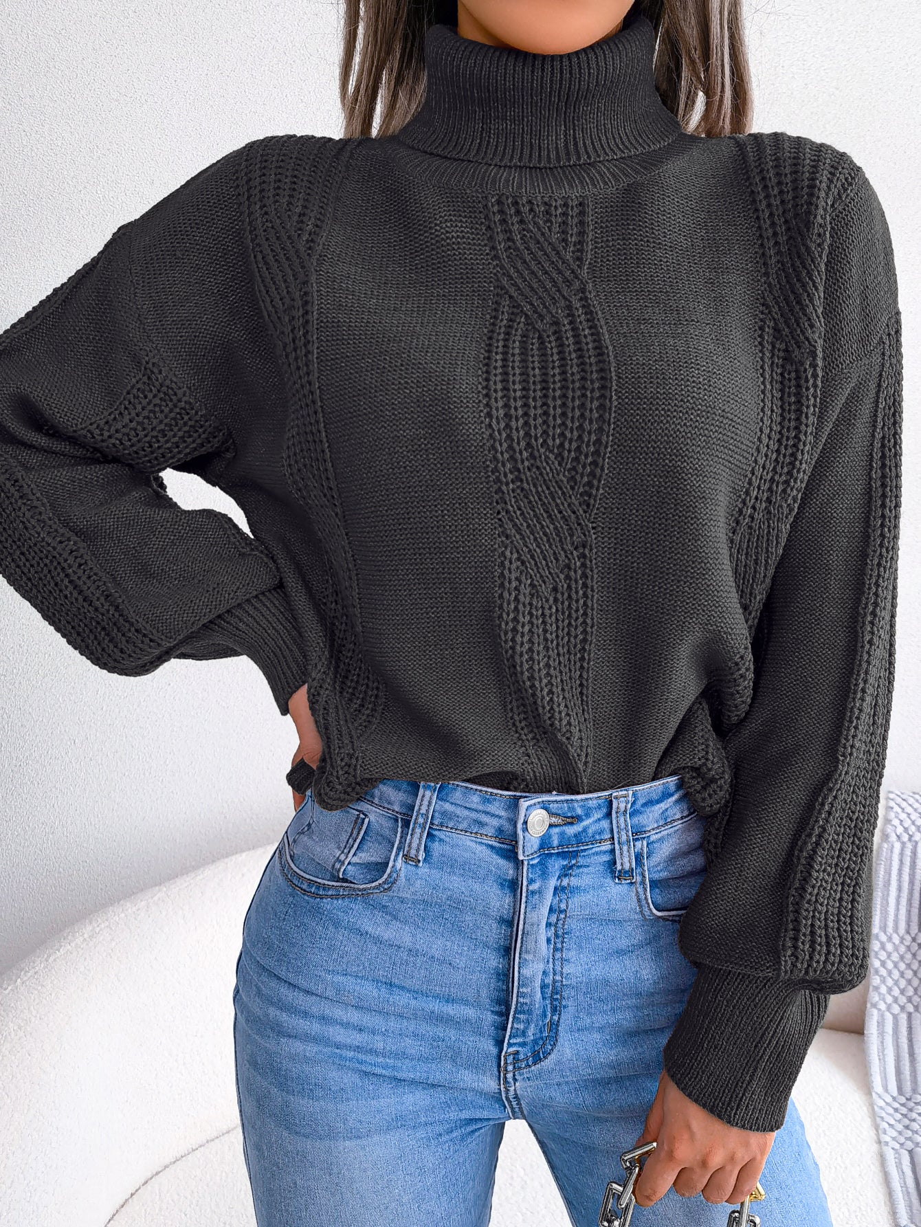Women Turtleneck Cable Knit Lantern Sleeve Sweater Top