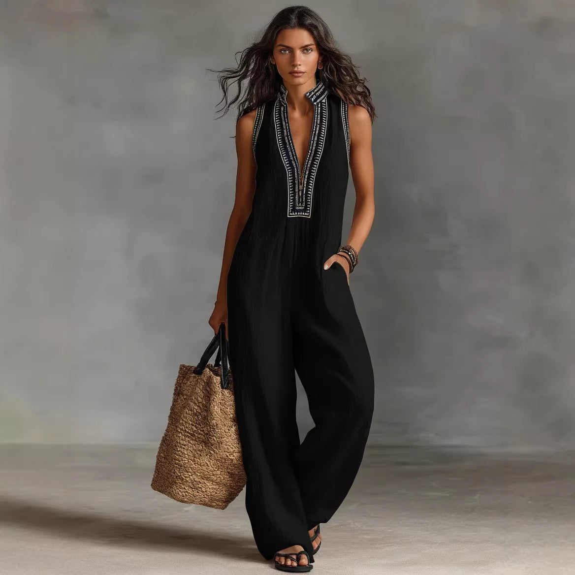 Women's Simple Linen-blend Sleeveless Jumpsuit