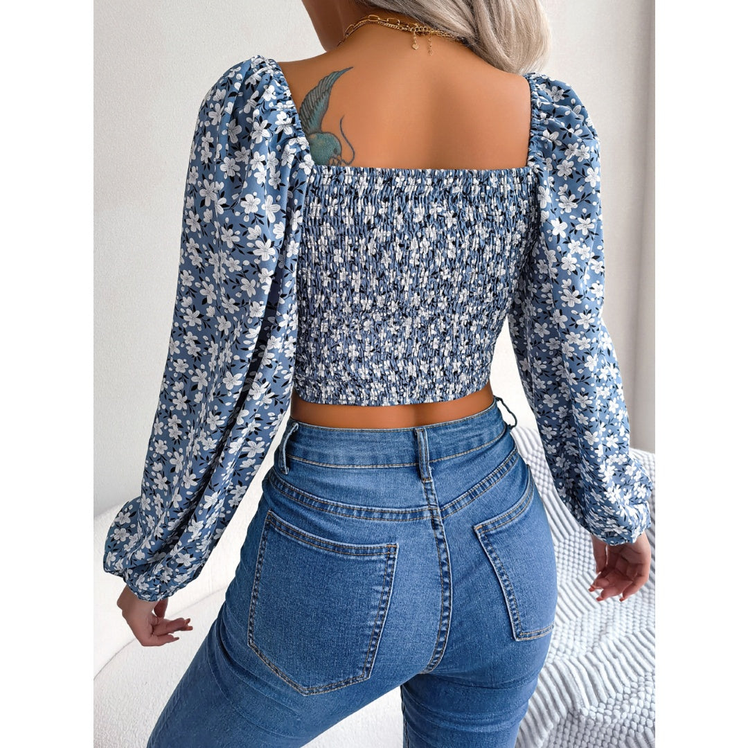 Women  Sexy Ruffle Trim Tie Floral Print Chiffon Crop Top
